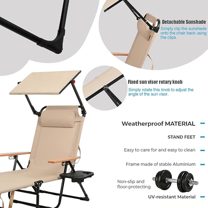 Folding Outdoor Chaise Lounge Chair with Arms, 4 Position Sunbathing Lounge Chair with Shade, Sun Tanning Chairs for Outside Portable with Cup Holders for Beach Patio Camping Poolside Yard (Beige- B)