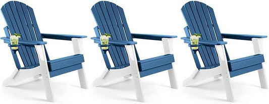 FUNBERRY Folding Adirondack Chair Set of 3, All Weather HDPE Fire Pit Chairs with Cup Holder for Outdoor