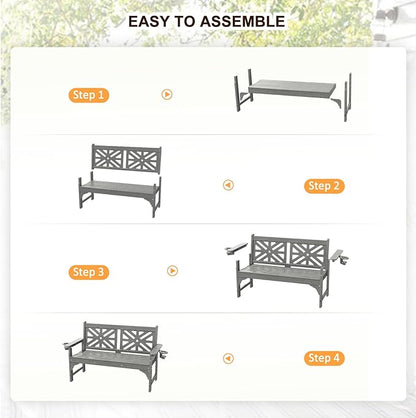 nalone Outdoor Bench with Cup Holders, HDPE All Weather Porch Bench Load up to 800 Lbs, 2-Person Garden Benches Rot-Proof Fade Proof for Patio, Porch, and Park (Grey)