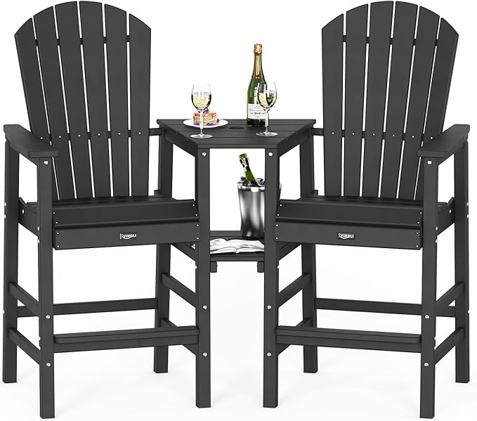 VINGLI Tall Adirondack Chairs Set of 2 with Dual Trays, All-Weather HDPE Outdoor BarStools Poly Deck Chairs for Patio, Poolside and Balcony (Black)