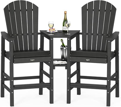 VINGLI Tall Adirondack Chairs Set of 2 with Dual Trays, All-Weather HDPE Outdoor BarStools Poly Deck Chairs for Patio, Poolside and Balcony (Black)