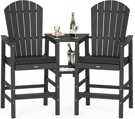 VINGLI Tall Adirondack Chairs Set of 2 with Dual Trays, All-Weather HDPE Outdoor BarStools Poly Deck Chairs for Patio, Poolside and Balcony (Black)