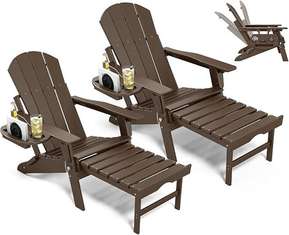 Adjustable Adirondack Chair with Retractable Ottoman Set of 2, HDPE Folding Adirondack Chair with Cup Holder, All Weather Fire Pit Chair for Outdoor,Coffee