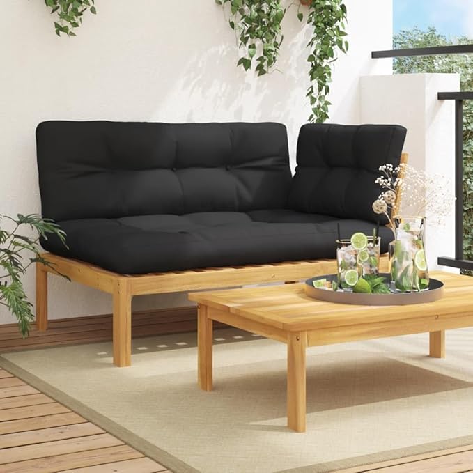 Patio Sofa Black and Natural Wood Solid Acacia Wood, Polyester Fabric Outdoor Patio Couch Couch for Outdoor Porch
