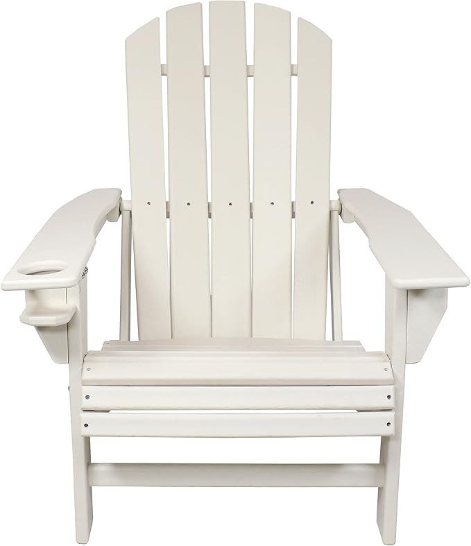 Sunnydaze Adirondack Chair with Cup Holder - Outdoor All-Weather Adirondack Chair for the Fire Pit, Patio, Campsite, or Yard - 300-Pound Capacity - White