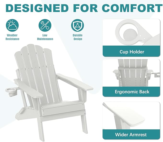 FOOWIN Adirondack Chair, Folding HDPE Patio Chair with Cup Holder, 400LBS Heavy Duty Plastic Outdoor Chair for Fire Pit, Porch, Balcony, Deck, Weather Resistant,White