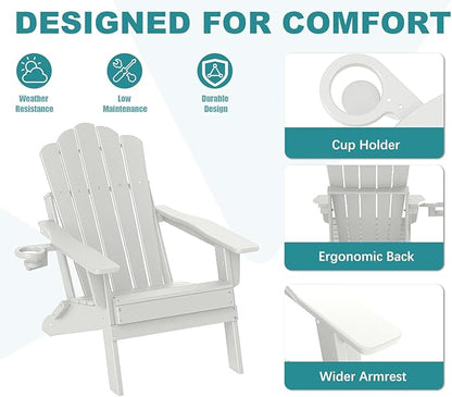 FOOWIN Adirondack Chair Set of 2, Folding HDPE Patio Chairs with Cup Holder, 400LBS Heavy Duty Outdoor Chairs for Fire Pit, Porch, Deck, Garden, Weather Resistant, White