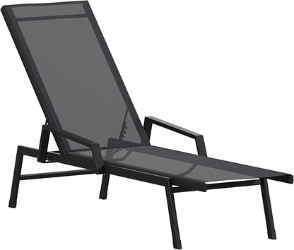 EMMA + OLIVER Braelin Adjustable Patio Chaise Lounge - Black Textilene Seat - 5 Recline Positions - Metal Frame - All-Weather