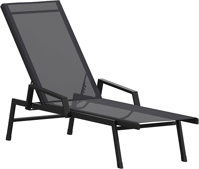 Flash Furniture Brazos Adjustable Chaise Lounge Chair with Arms, All-Weather Outdoor Five-Position Recliner, Black/Black - Photo 1