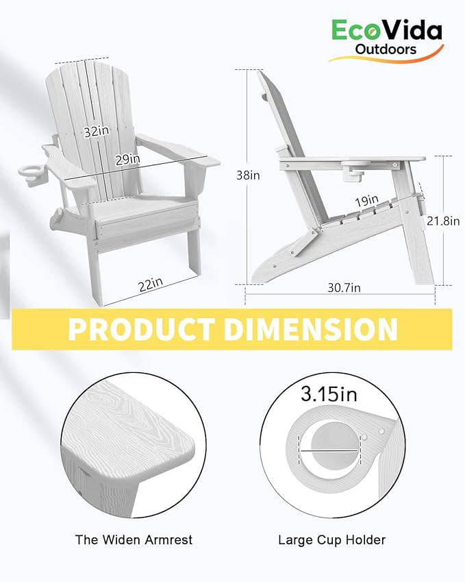 Oversized Folding Adirondack Chair - HDPE All-Weather Outdoor Chair with Cup Holder, 380LB Weight Capacity, UV Protected, White