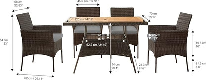 Teamson Home Outdoor PE Rattan Dining Set for Four, Removable Water-Resistant Cushions, Acadia Wood-Slated Table Top for Patios, Decks, Gardens, Poolside, or Sunrooms, Brown and Gray