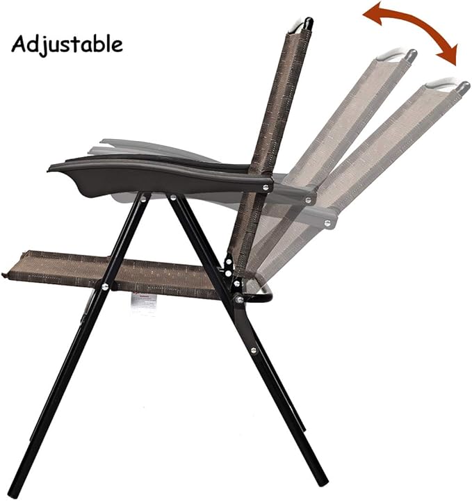 ARLIME Set of 4 Patio Folding Chairs, Height Adjustable Sling Backrest Chairs with Armrest, Weather-Resistant Chairs Portable for Outdoor Indoor Garden Pool Beach, Deck Lounge Chairs, Brown