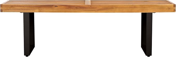SAFAVIEH Outdoor Collection Monti Natural/Black Iron Legs Solid Wood Slatted Bench