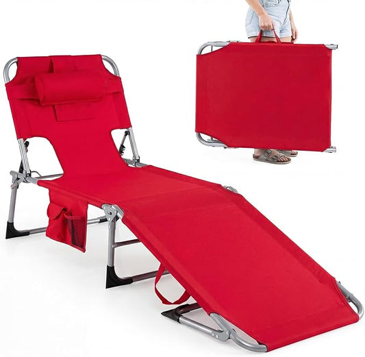 GYMAX Tanning Chair, Folding Beach Lounger with Face Arm Hole, Adjustable Backrest, Side Pocket, Pillow & Carry Handle, Outside Sunbathing Lounge Chair for Patio, Poolside, Lawn (1, Red)