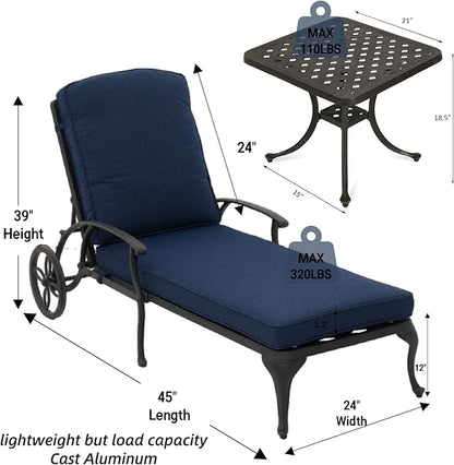 Chaise Lounge Outdoor Chair with Side Table, Adjustable Reclining Rust-Resistant Aluminum Cast Poolside Chaise with Convenient Wheels, Outdoor Lounge Furniture Set of 3, (Denim Blue)