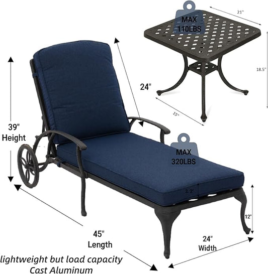 Chaise Lounge Outdoor Chair with Side Table, Adjustable Reclining Rust-Resistant Aluminum Cast Poolside Chaise with Convenient Wheels, Outdoor Lounge Furniture Set of 3, (Denim Blue)