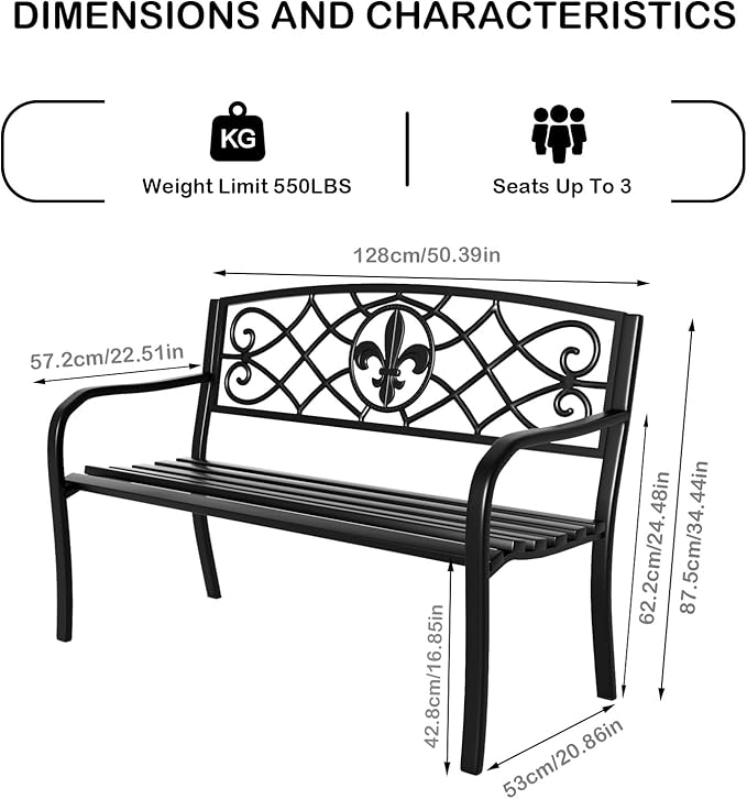 YLGJ&TIDY 50 Inches Garden Benches for Outdoor Patio Bench with Floral Pattern Backrest Armrest Weatherproof Park Benches Metal Bench for Garden Park Porch Lawn Yard (BENCH01)