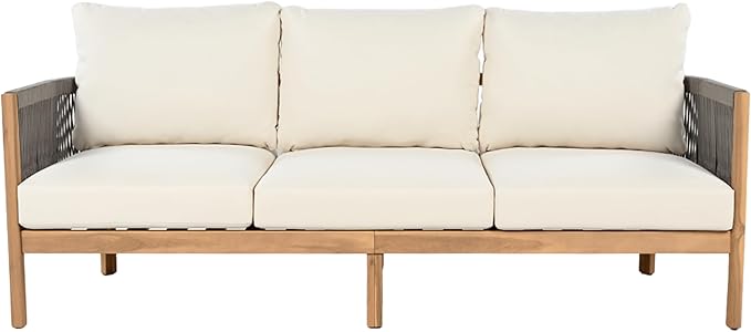 Christopher Knight Home Havets 77"W Outdoor 3 Seater Sofa, 6" Thick Cushion Couch, Acacia Wood Bench Sofa, Comfy Woven Rope Armchair, Spacious Seating Bench Couch for Backyard Garden Porch, Gray+Beige