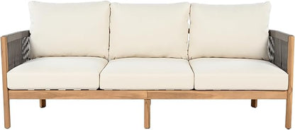 Christopher Knight Home Havets 77"W Outdoor 3 Seater Sofa, 6" Thick Cushion Couch, Acacia Wood Bench Sofa, Comfy Woven Rope Armchair, Spacious Seating Bench Couch for Backyard Garden Porch, Gray+Beige