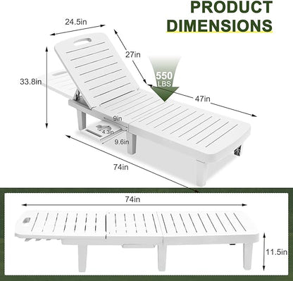 CDCASA Outdoor Chaise Lounge Set of 2, Pool Lounge Chairs w/5 Adjustable Positions & Side Tray, Waterproof Resin Lounges for Poolside,Yard,Garden,Sunbathing, for All Weather, White