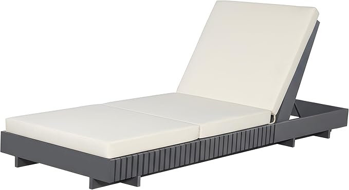 Christopher Knight Home Habery Acacia Wood Chaise Lounge Chair Outdoor with Triple Folds Cushion, Wood Patio Chaise Lounge, Poolside Sun Lounger, Adjustable Backrest Sunbathing Chair, Gray+Cream