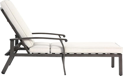 Beige Aluminium Cast Chaise Lounge Chair Outdoor, Patio Chaise Lounge Chair with Cushion, Tanning Lounges, with Level Adjustable Recliner for Poolside, Patio, Deck, Yard
