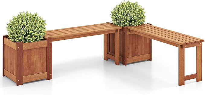 2-in-1 Outdoor Planter Box with Bench, Outdoor Bench with Raised Garden Bed, Open-Ended Base Planter Box, Teak Oil Finish Wood Seat, Garden Bench Seat for Porch Balcony Lawn Yard (2)