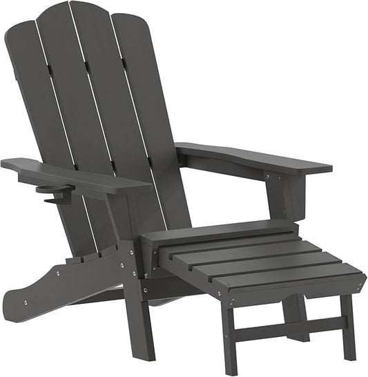 Flash Furniture Newport Poly Resin Adirondack Chair with Cup Holder and Pull Out Ottoman, All-Weather Poly Resin Indoor/Outdoor Lounge Chair, Gray
