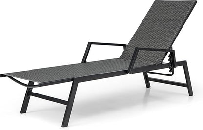 Tangkula Outdoor Rattan Chaise Lounge, Woven PE Wicker Reclining Chair with Armrests & 5-Position Backrest, Heavy-Duty Metal Frame, Patio Recliner Lounge for Porch, Backyard (1, Brown)