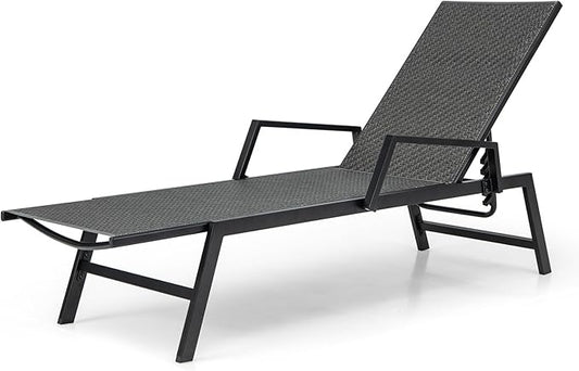 Tangkula Outdoor Rattan Chaise Lounge, Woven PE Wicker Reclining Chair with Armrests & 5-Position Backrest, Heavy-Duty Metal Frame, Patio Recliner Lounge for Porch, Backyard (1, Brown)