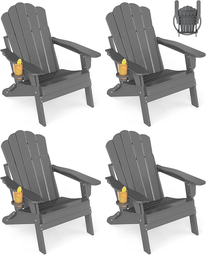 GREENVINES Oversized-Folding-Adirondack-Chairs-Set-of-4 | HDPE Plastic | Cup Holder | Fire Pit Chair | All Weather | for Outdoor Deck Backyard | Grey