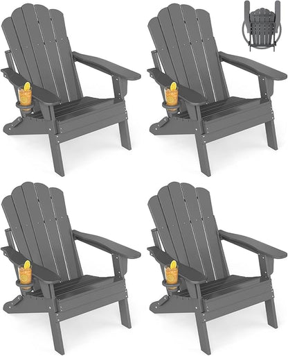 GREENVINES Oversized-Folding-Adirondack-Chairs-Set-of-4 | HDPE Plastic | Cup Holder | Fire Pit Chair | All Weather | for Outdoor Deck Backyard | Grey
