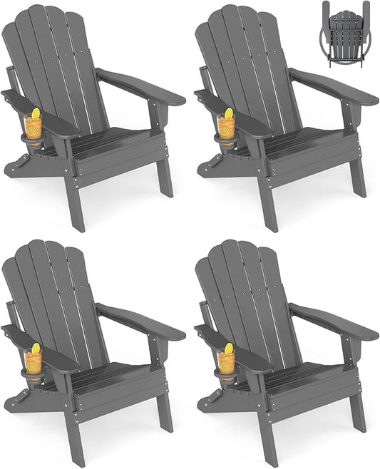 GREENVINES Oversized-Folding-Adirondack-Chairs-Set-of-4 | HDPE Plastic | Cup Holder | Fire Pit Chair | All Weather | for Outdoor Deck Backyard | Grey