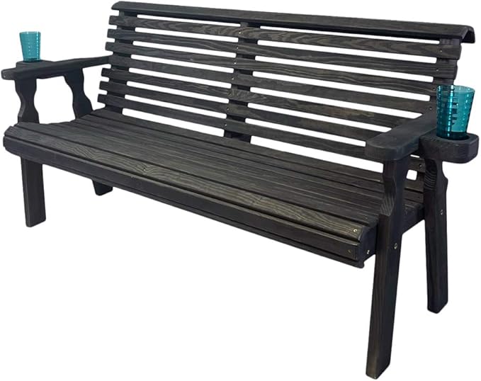 Amish Casual Heavy Duty Pressure Treated 5 Foot Outdoor Garden Bench with Cup Holders - Amish Crafted Roll Back Design in Black Stain, 700 Lb Weight Capacity