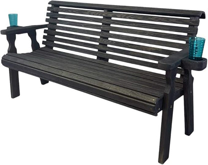 Amish Casual Heavy Duty Pressure Treated 5 Foot Outdoor Garden Bench with Cup Holders - Amish Crafted Roll Back Design in Black Stain, 700 Lb Weight Capacity