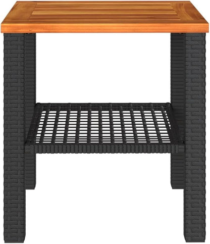 Square Garden Side Table, Small Outdoor Patio Table with Poly Rattan and Solid Acacia Wood, Weather-Resistant Coffee Table for Balcony, Terrace, and Backyard, Black