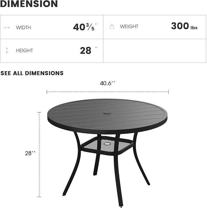 Patio Dining Table for 4, Round Metal Outdoor Table with Storage Shelf, 1.57" Umbrella Hole, 41" Outdoor Slat Tabletop Dining Table for Backyard, Porch, Lawn, Black