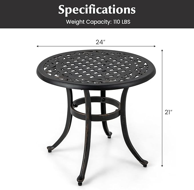 Giantex Patio Bistro Table, 24” Cast Aluminum Round Side Table, Outdoor Coffee Table for Porch, Pool, Backyard, Garden, Balcony