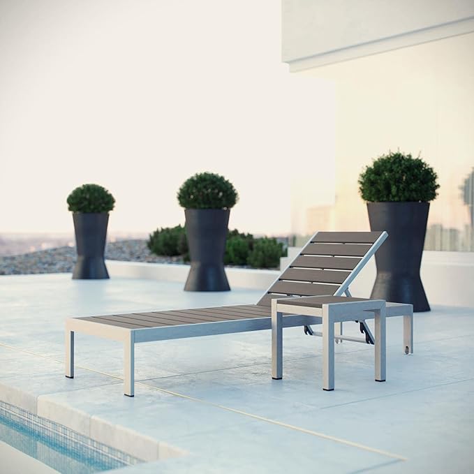 Modway Shore Aluminum Outdoor Patio Chaise Lounge Chair and Side Table Set in Silver Gray - Photo 2