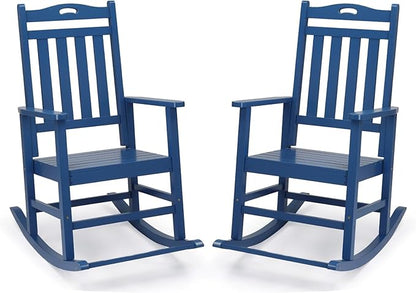 VINGLI Outdoor Rocking Chair with Footrest, Wooden Rocking Chair with 450 LBS Weight Capacity, Patio Rocker with Comfortable Backrest for Garden, Yard (Navy Blue, 2PCS)
