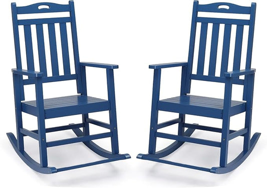 VINGLI Outdoor Rocking Chair with Footrest, Wooden Rocking Chair with 450 LBS Weight Capacity, Patio Rocker with Comfortable Backrest for Garden, Yard (Navy Blue, 2PCS)