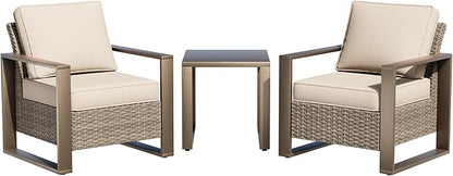 Outdoor Wicker Metal Chairs Set of 2 with Matching Side Table - 3 Pieces Patio Bistro Set with Removable Olefin Fabric Cushions & Rectangular Framed Wood-Looking Metal Armrest, Beige
