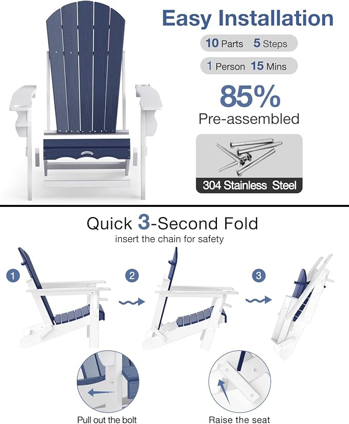 Folding Adirondack Chair –Recyclable HDPE Outdoor Adirondack Patio Chair with Cup Holder, Wood Texture & Umbrella Hole - Photo 8