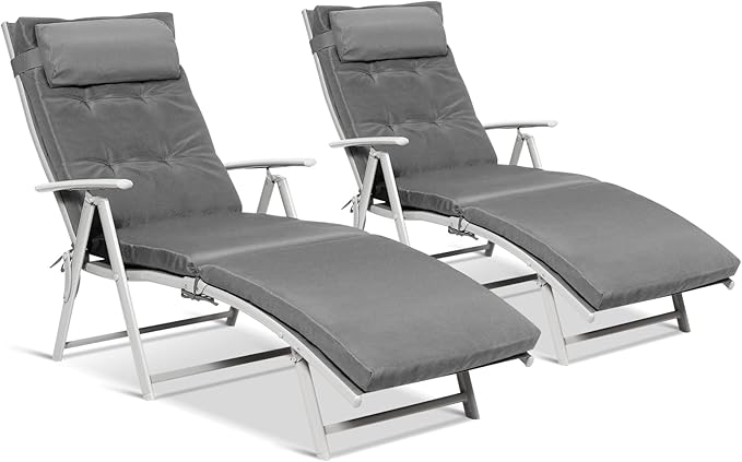 Giantex Chaise Lounge Chair for Outside, Pool Folding Reclining Beach Chair W/Removable Cushion&Headrest Pillow, Outdoor Lounge Chaise w/ 7 Backrest Positions, Portable Patio Lounger (2, Grey)