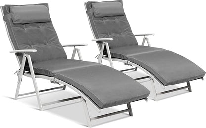 Giantex Chaise Lounge Chair for Outside, Pool Folding Reclining Beach Chair W/Removable Cushion&Headrest Pillow, Outdoor Lounge Chaise w/ 7 Backrest Positions, Portable Patio Lounger (2, Grey)