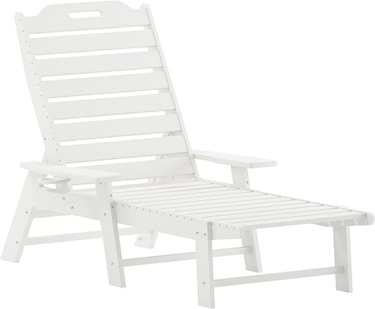 Flash Furniture Monterey Adjustable Adirondack Lounger with Cup Holder- All-Weather Indoor/Outdoor HDPE Lounge Chair, White