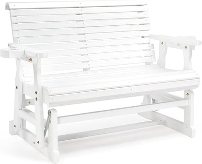 VINGLI Outdoor Glider Wood Patio Chair with Cup Holders, Outdoor Bench Glider Loveseat with Smooth Rocking Mechanism, Heavy Duty 800 LBS, White
