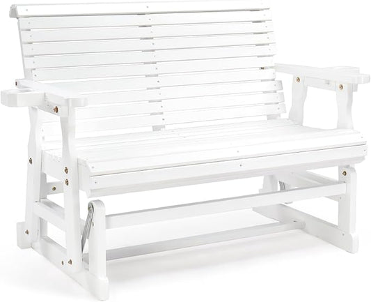 VINGLI Outdoor Glider Wood Patio Chair with Cup Holders, Outdoor Bench Glider Loveseat with Smooth Rocking Mechanism, Heavy Duty 800 LBS, White