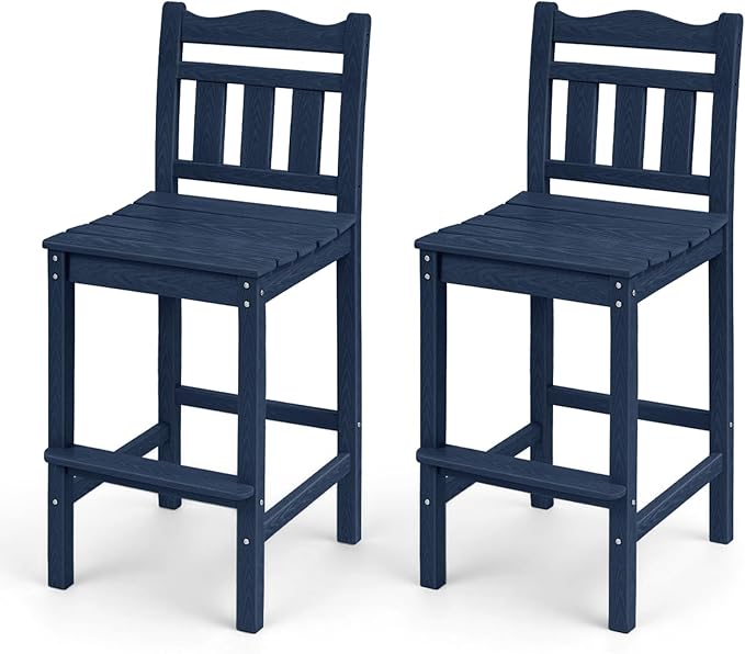Outdoor Bar Stools Set of 2, HDPE Tall Adirondack Bar Chairs 27.5 Inch Seat Height w/Backrest, All Weather Patio Bar Height Chairs for Bistro Balcony Deck Poolside (Navy Blue)