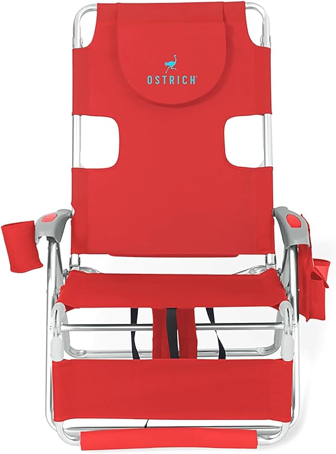 Ostrich the Backpack 3N1 Portable Chair with Cooler Bag and Reclining Lounger for Tanning, Camping, Beach, and Outdoor Essential, Red